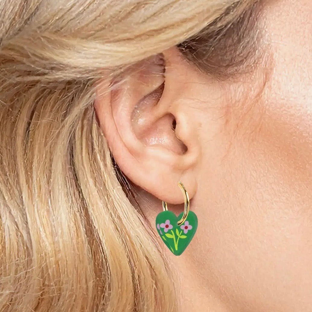 Heart Floral Charm Hoop Earrings