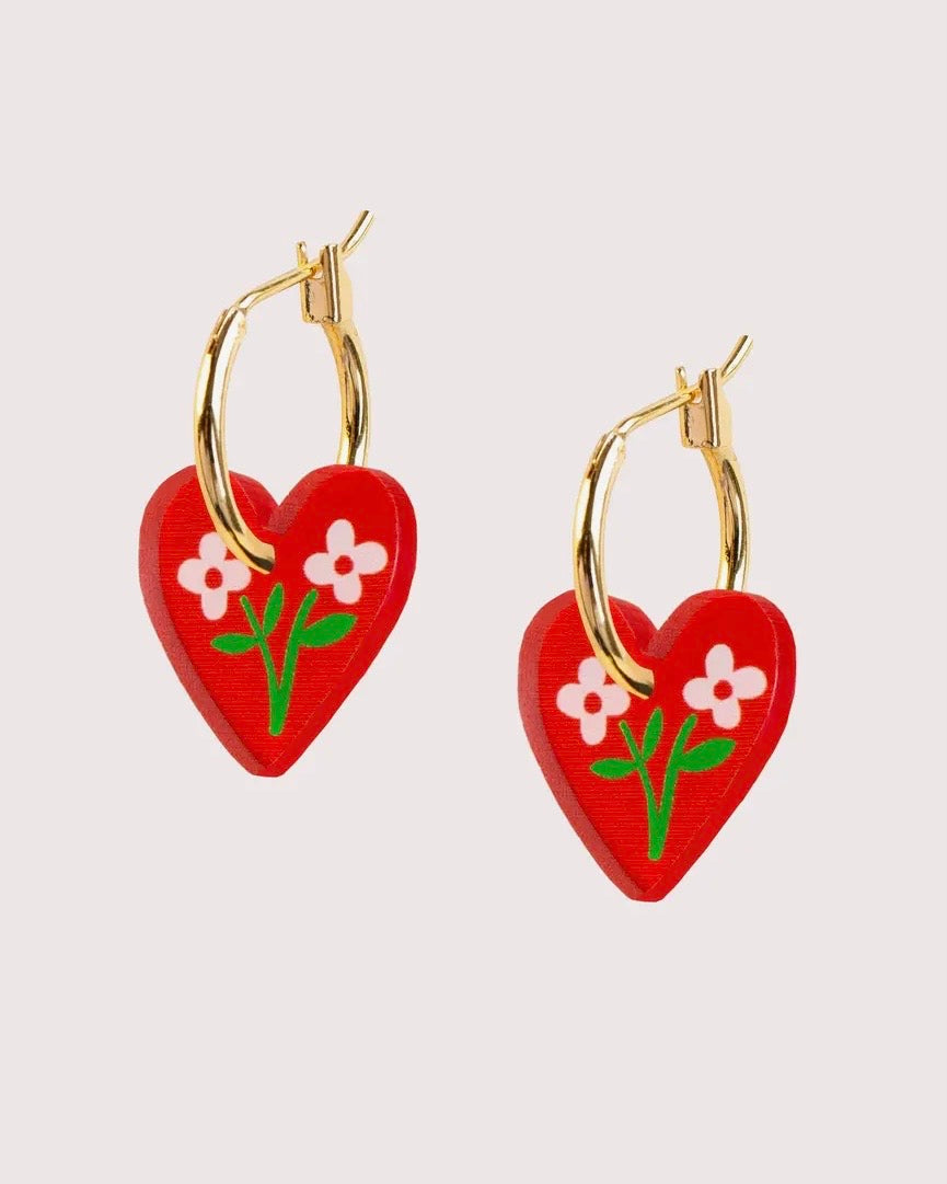 Heart Floral Charm Hoop Earrings