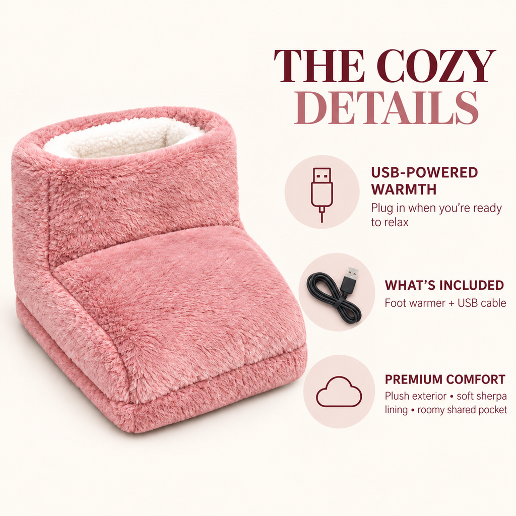 Close-up of the foot warmer with callouts naming the sherpa lining, the padded base and the USB cable, beside a shot of the cable and heating pad