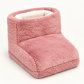 The pink plush foot warmer photographed from the front, the sherpa-lined foot pocket open and the padded base resting flat