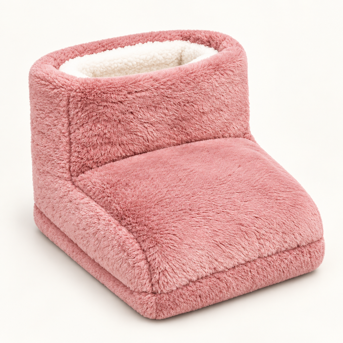 The pink plush foot warmer photographed from the front, the sherpa-lined foot pocket open and the padded base resting flat