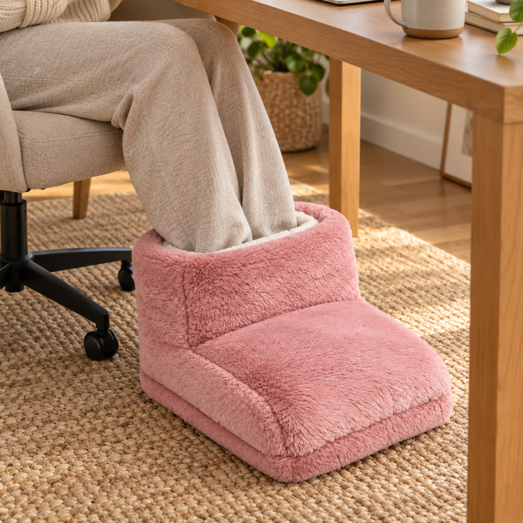 The foot warmer under a wooden desk beside an office chair, feet inside and a mug and notebook on the desktop above