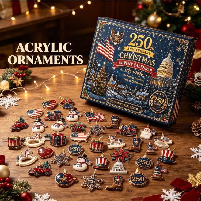 The printed countdown gift box beside all twenty-four acrylic ornaments laid out flat on a wooden table