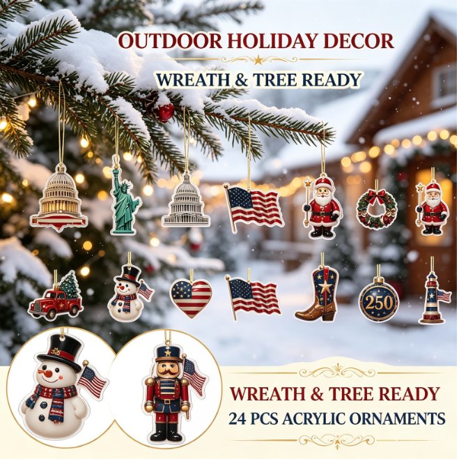 The acrylic ornaments hung across snow-covered outdoor branches beside a wreath, with a snowman and a nutcracker below