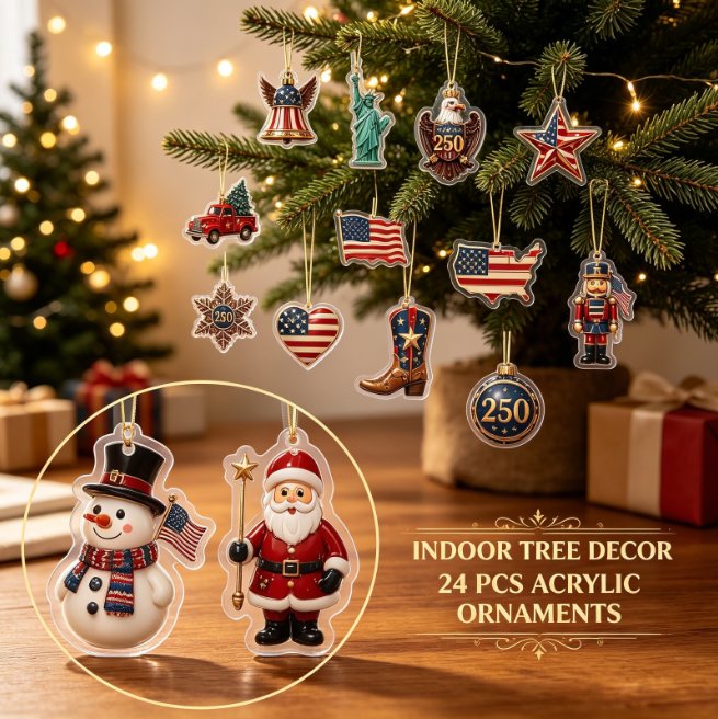 The full set of patriotic acrylic ornaments on an indoor Christmas tree, with a snowman and a Santa holding small American flags in the foreground