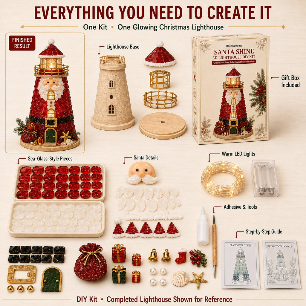 🎄Christmas Character Sea Glass-Style Lighthouse Kit Collection | Complete Kit with Sea Glass-Style Pieces, LED Lights & Step-by-Step Guide Included 💕