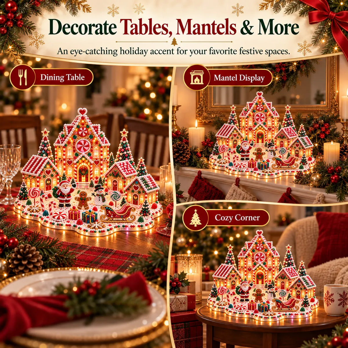 The finished village shown in three settings: on a dining table between place settings, on a mantelpiece between candles and greenery, and on a side table beside a sofa