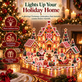 Christmas Village gem art scene: a gingerbread house with a peppermint-swirl window and heart-shaped trim along the gable, candy-striped cottages either side, star-topped pines, Santa waving beside a gingerbread man, a snowman in a top hat and a red sleigh piled with gifts