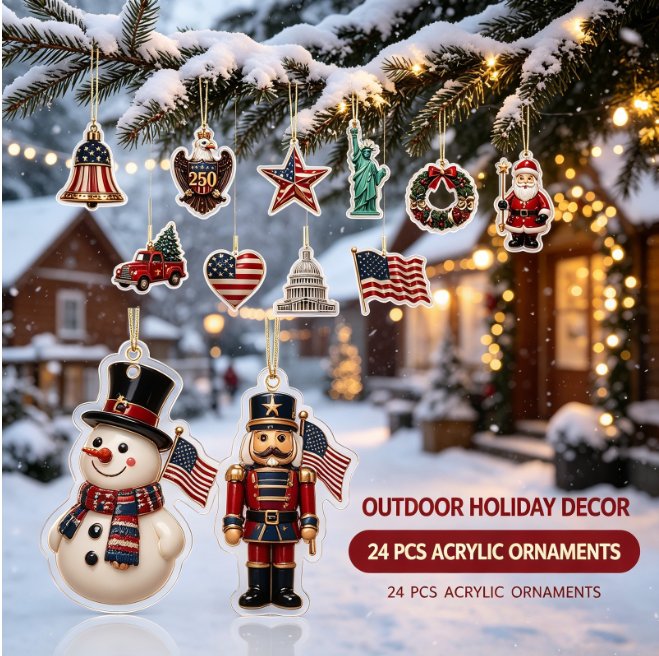 Patriotic acrylic Christmas ornaments hanging from snowy pine branches outdoors, with a snowman and a nutcracker holding small American flags
